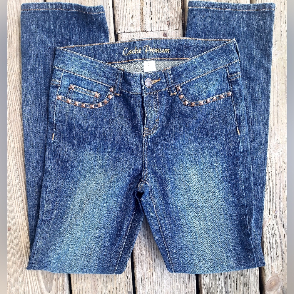 Y2K CACHE PREMIUM Straight Leg Baby Boot Dark Wash Studded Bling Retro Jeans!!